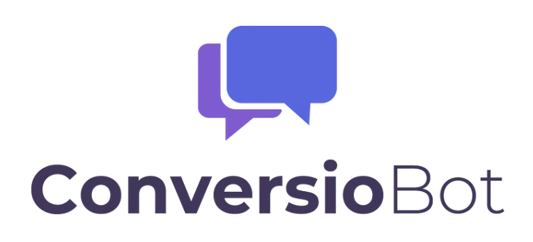 A promotional image for ConversioBot, featuring the company logo and a chatbot icon.