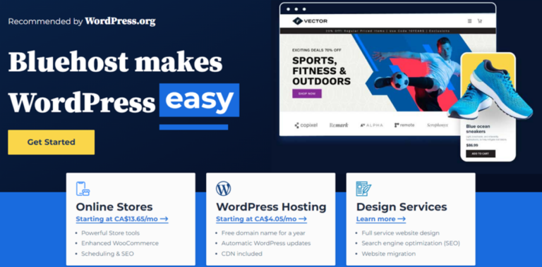 Screenshot of the Bluehost website, showcasing its features and offerings for WordPress users.