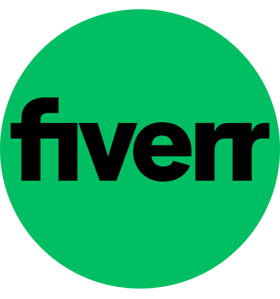 Fiverr logo with a montage of different service icons, representing the vast array of freelance gigs available on the platform.