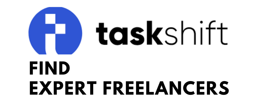 TaskShift logo on a blue background, the freelancing platform that lets you keep 97% of your earnings.