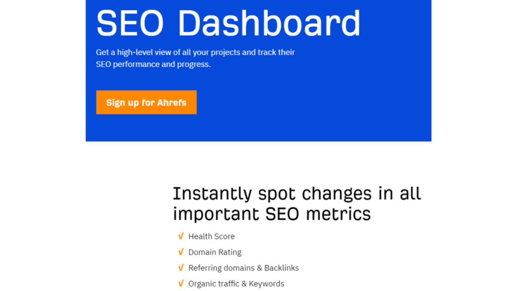 Ahrefs SEO dashboard displaying website's backlinks, keyword rankings, and domain rating.