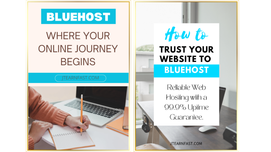 Two Pinterest pins showcasing Bluehost web hosting features and benefits, designed to engage and inform the Pinterest community about the advantages of utilizing the Bluehost Affiliate Program for their websites.