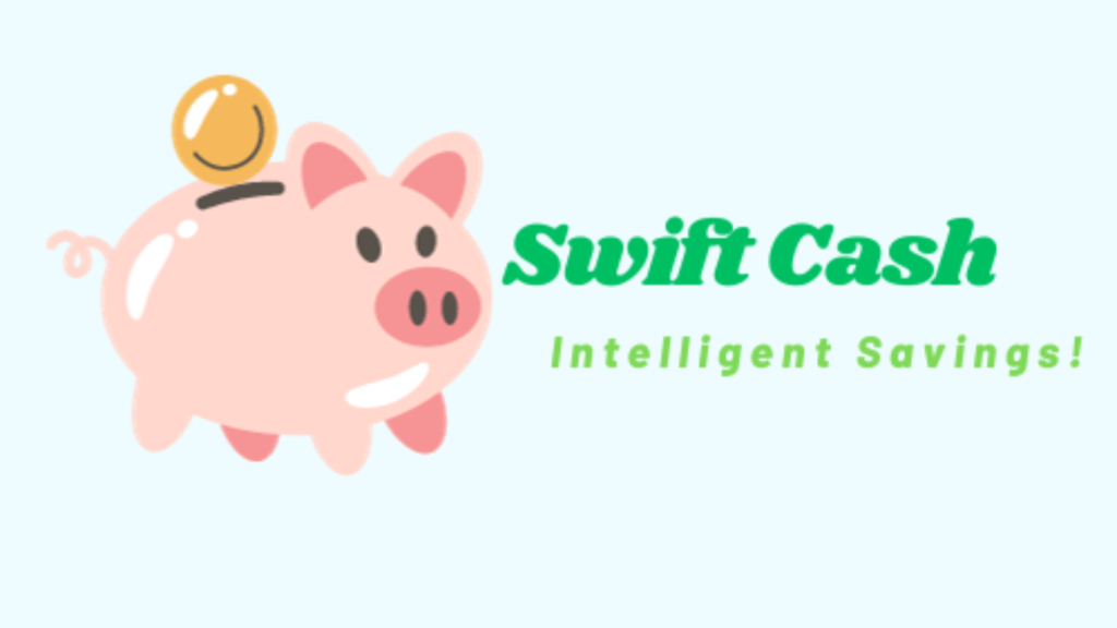 A digital logo featuring a cheerful pink piggy bank with a gold coin on top of its head. The piggy bank has a cute facial expression with a smile and wide-open eyes. Next to the piggy bank is the text 'Swift Cash' in green, with a tagline 'Intelligent Savings!' below it, set against a soft blue background.