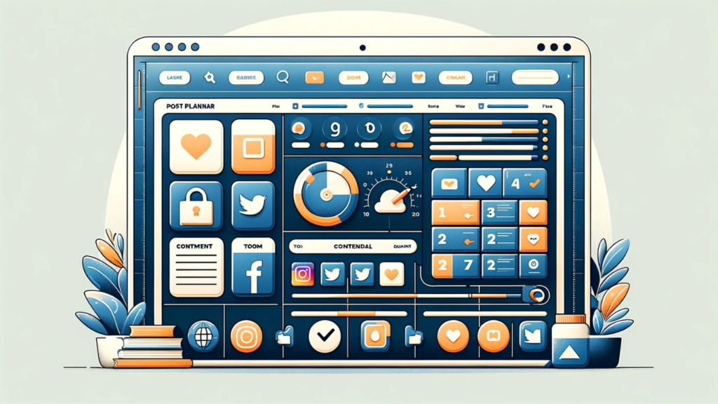 An illustrated wide-format image of a clean and user-friendly Buffer Post Planner dashboard. The interface features large, legible fonts and a light color scheme with blue and orange accents. Icons for social media platforms, including Instagram, Twitter, and Facebook, are neatly aligned alongside a content calendar and to-do lists, facilitating straightforward content scheduling and strategic planning.