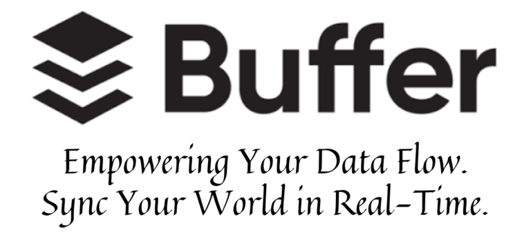 Buffer logo with a tagline as part of a Buffer posting tutorial, reading 'Empowering Your Data Flow. Sync Your World in Real-Time,' symbolizing real-time synchronization and management of social media posts.