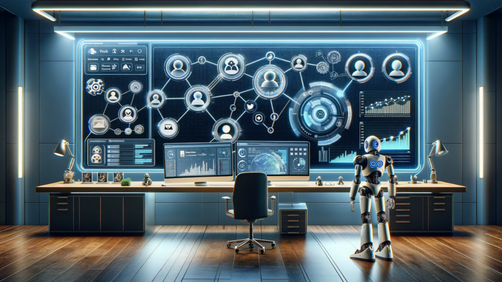 A panoramic digital workspace featuring a large screen with Buffer seamlessly integrated into a CRM system, displayed through interconnected social media and customer profile icons. A humanoid robot assistant stands nearby, symbolizing skilled assistance. Another screen shows Buffer's campaign management tool with analytics dashboards, graphs, and metrics for tracking social media posts.