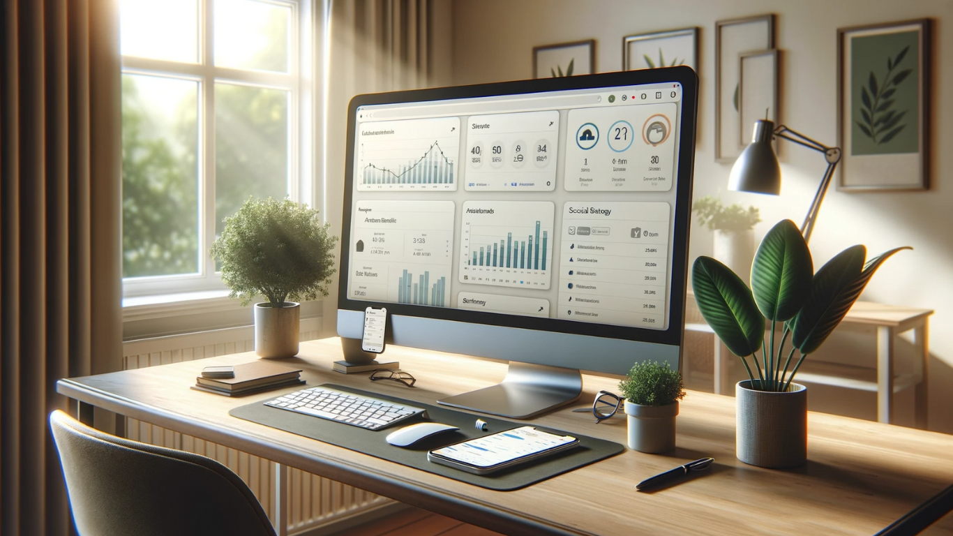 A realistic home office setting showing a modern workspace as part of a Buffer Setup Guide for Beginners, with a computer displaying a social media management tool, graphs, and a calendar on the screen, a smartphone with social media alerts, and a notepad with strategy notes, all bathed in natural sunlight.