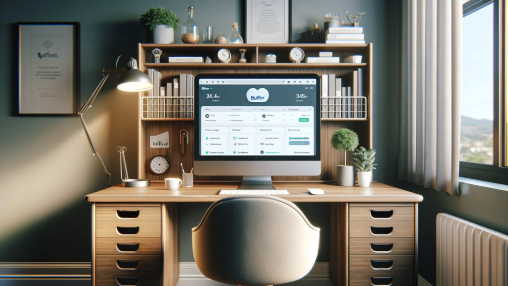 A realistic image of a well-organized home office desk with a computer monitor displaying the Buffer dashboard, featuring tools for post scheduling and performance analytics, in a serene workspace with soft lighting.