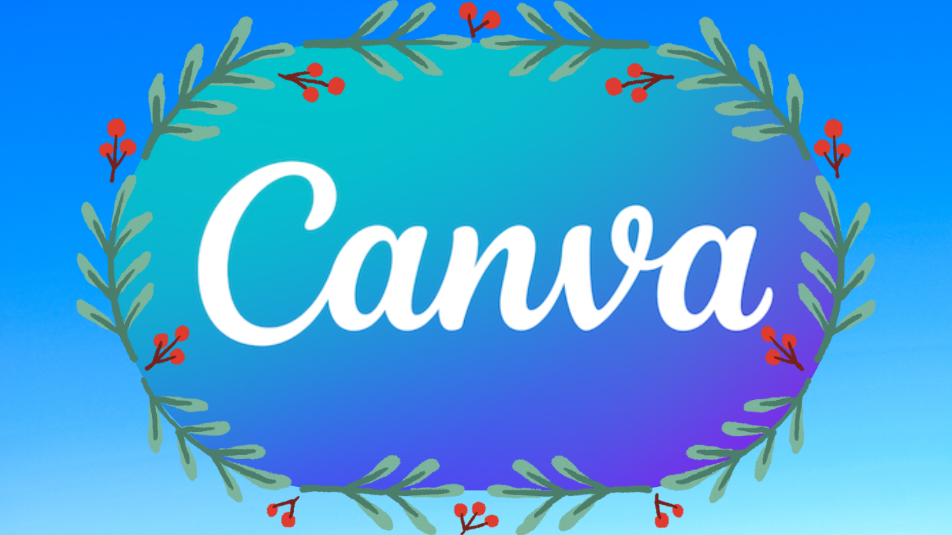 The cover image for 'A Beginner's Guide to Canva' displays the Canva logo in a stylish, white cursive font at the center against a blue gradient backdrop, encircled by a decorative wreath of green foliage and red berries.