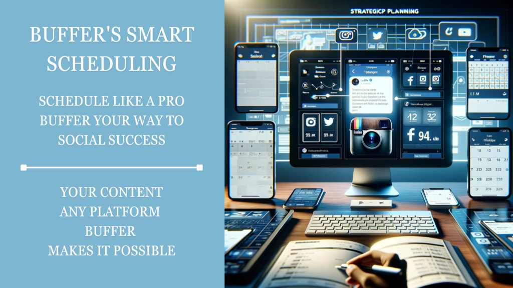 A digital workstation with multiple screens showcasing a strategic social media management setup using Buffer. The central screen highlights Instagram, where a post is being scheduled, while other screens display planning interfaces for Facebook, Twitter, and LinkedIn. The background features a flowchart for strategic planning, emphasizing the organized approach to multi-platform social media scheduling.