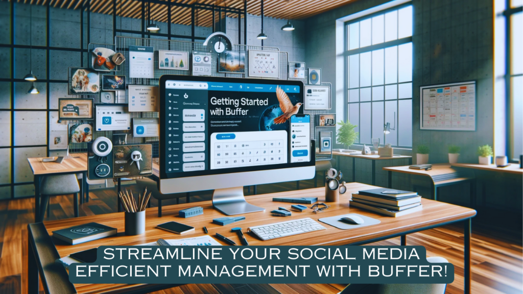 Wide-angle view of a modern office setting featuring a large desk with a computer screen displaying Buffer's social media management interface, surrounded by tools for digital planning and strategy.