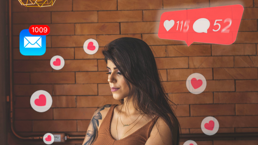 A woman engaging with a device surrounded by heart icons, symbolizing social media interaction.