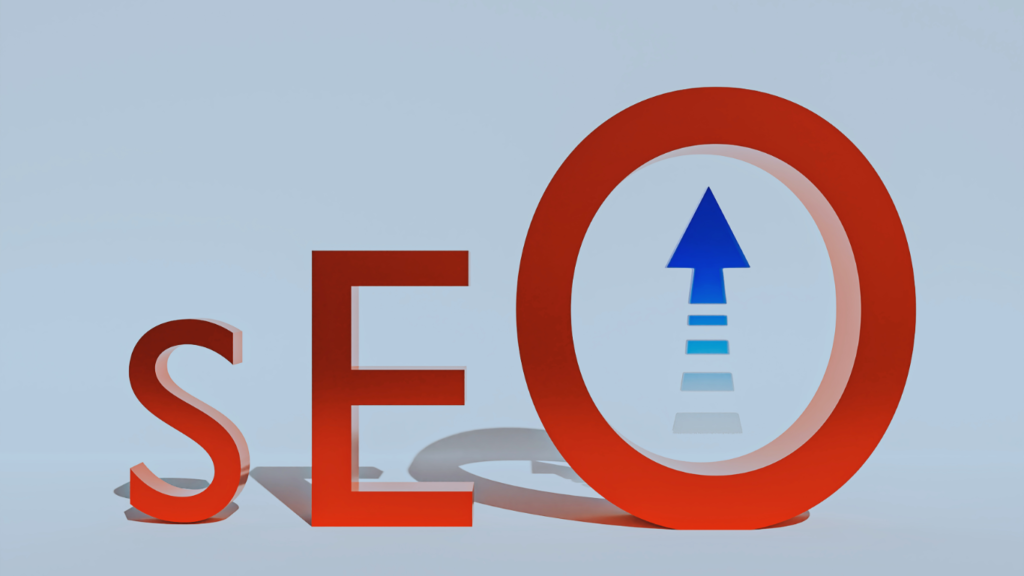 3D letters 'SEO' with an upward arrow inside the letter 'O' symbolizing search engine ranking improvement.