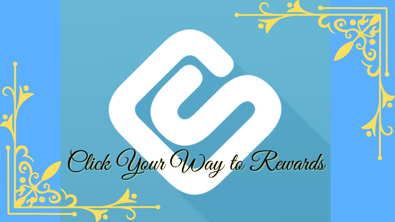 A promotional image for receipt scanning rewards apps, featuring a stylized chain link logo in white against a bright blue background with ornate gold filigree corners. The slogan 'Click Your Way to Rewards' is displayed in an elegant black script font, highlighting the concept of earning rewards through clicks in these apps.