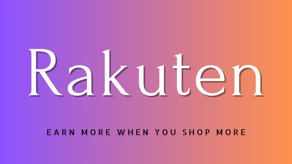 The image shows the brand name 'Rakuten' in large, elegant white letters centered on a gradient background that transitions from a warm purple to a soft orange. Below the brand name, a slogan in smaller white text states 'EARN MORE WHEN YOU SHOP MORE,' emphasizing the benefits of frequent shopping through the Rakuten platform