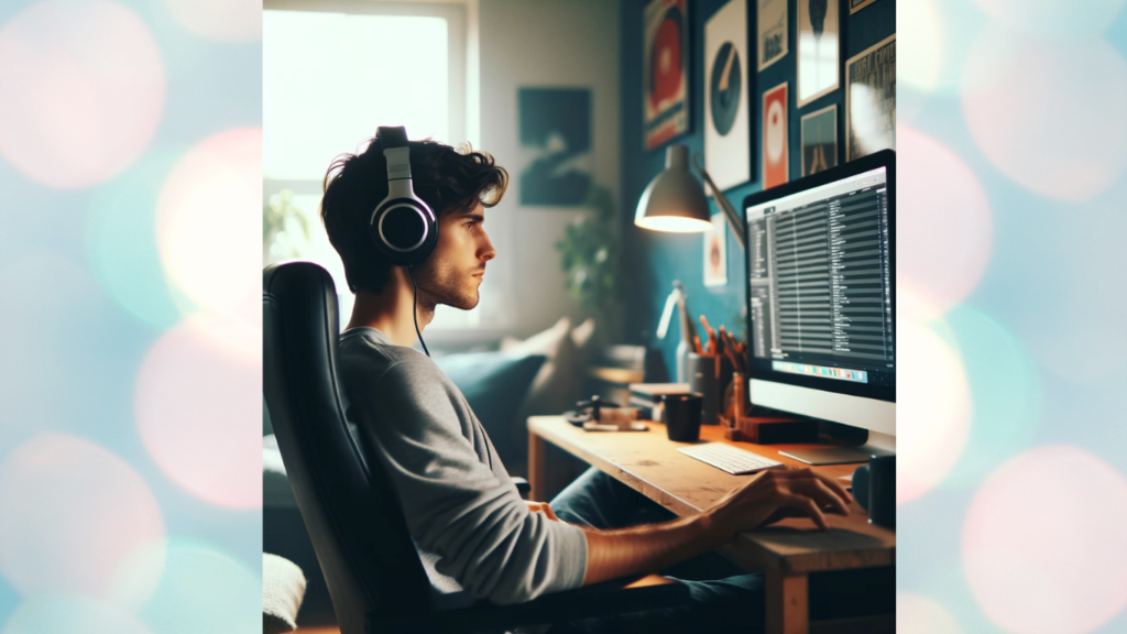 A person engaged in listening to music on a computer, depicting the concept of 'Listen to Music and Get Paid Online' within a cozy home setting, suggesting involvement in online music review communities.