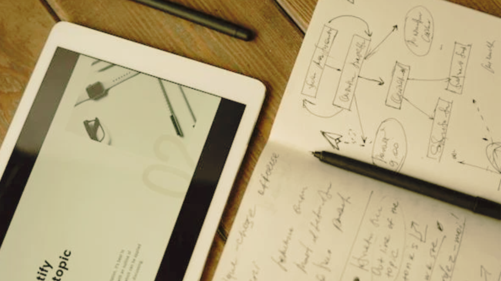 A tablet displaying a webpage about content identification next to a notebook with detailed handwritten brainstorming notes and flowcharts, illustrating the strategic planning behind content marketing.