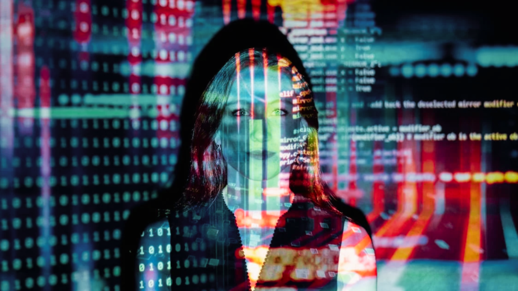 The Imperative for Data-Driven Strategies: A woman's face merges with vibrant data visualizations and binary code, embodying the synthesis of human insight and data analytics in content strategy.