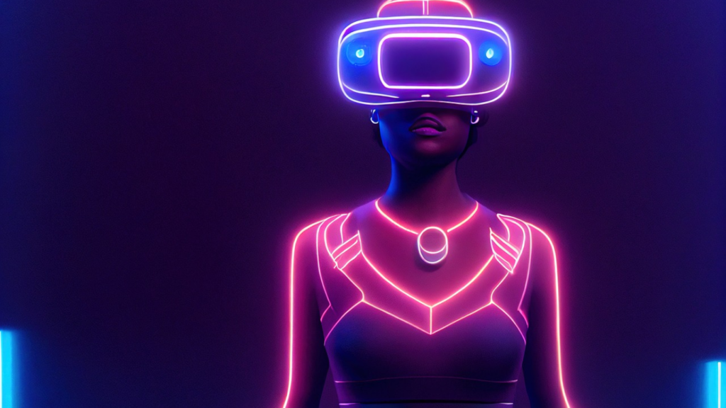 Innovative Content Strategy Tips for 2024: A woman in silhouette with neon outlines stands against a dark backdrop, wearing a VR headset, embodying the intersection of technology and user engagement.