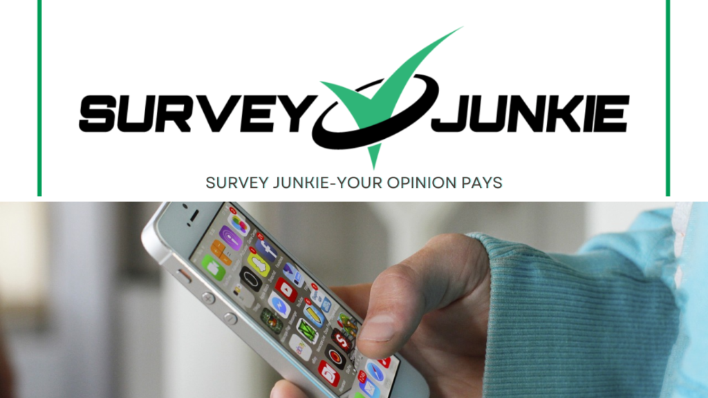 Logo of Survey Junkie displayed above a person using a smartphone filled with various apps, symbolizing how Survey Junkie integrates into daily life as a prominent extra income app.