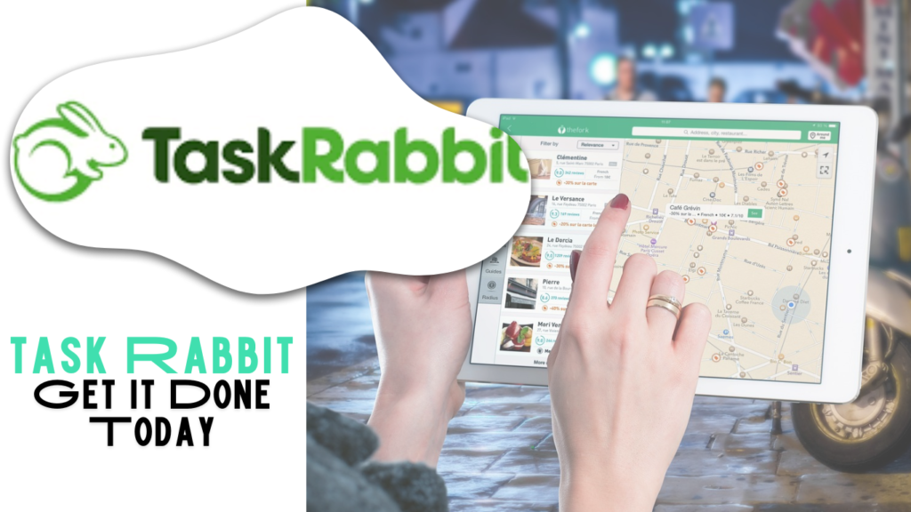 TaskRabbit logo and a visual of a hand using the TaskRabbit app on a tablet to select tasks on a map, embodying the convenience of using TaskRabbit, one of the leading extra income apps.