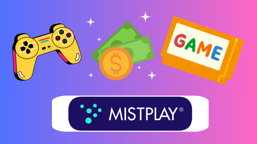 Image showing a yellow gaming controller, a stack of dollar bills, and a game card icon on a purple and pink gradient background with the Mistplay logo at the bottom. Earn Money Playing Games.