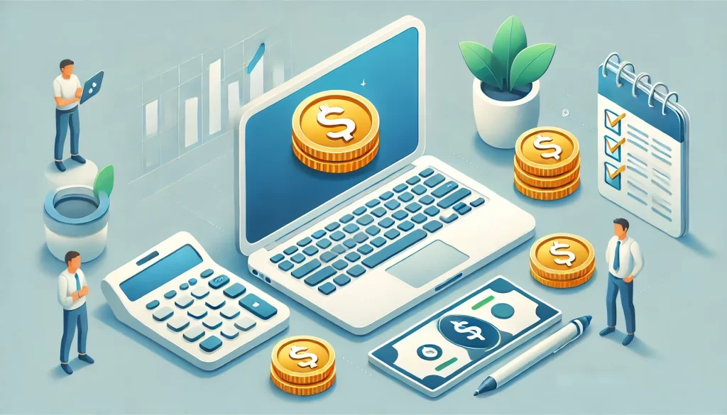 Image of a laptop and coins on a minimalistic, light background, symbolizing affiliate programs for beginners in online income generation.