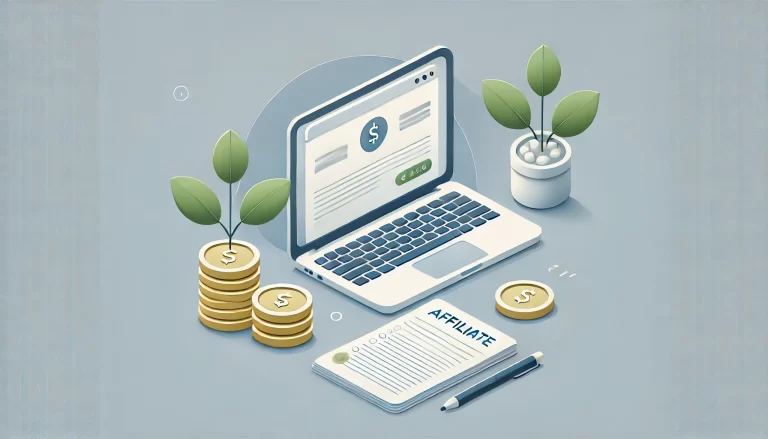 Image of a laptop, a few coins, and a notebook on a clean, minimalistic background, symbolizing affiliate programs for beginners in online income generation.