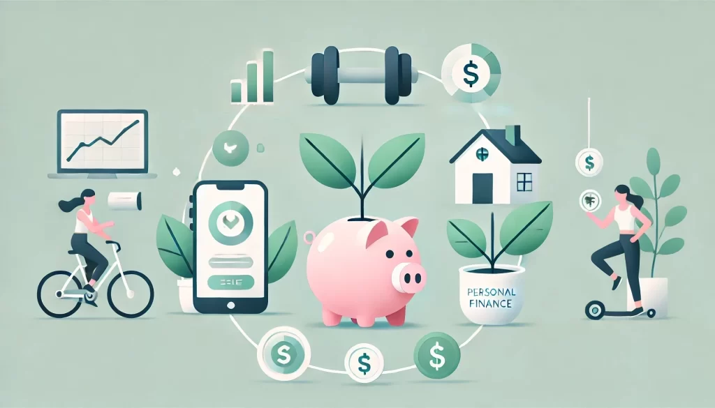 Minimalistic affiliate image with icons representing various niches: a dumbbell for health and wellness, a smartphone for technology, a piggy bank for personal finance, a leaf for sustainability, and a house for home and garden, on a clean, pastel background.