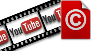 A digital artwork depicting a film strip with YouTube logos in black, red, and white colors, merging into a large red copyright symbol on the right. This image visually represents the concept of 'Copyright Challenges' in the context of YouTube content creation, emphasizing the intersection between media production and intellectual property rights.