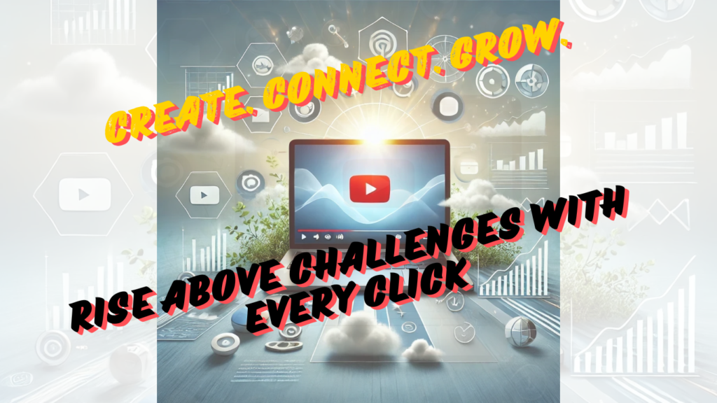 A visually appealing image depicting a laptop screen with a YouTube channel interface, surrounded by icons for social media, community interaction, and analytics growth, symbolizing overcoming copyright challenges and achieving channel growth. The background features clouds parting to reveal sunlight, representing resilience and positivity.